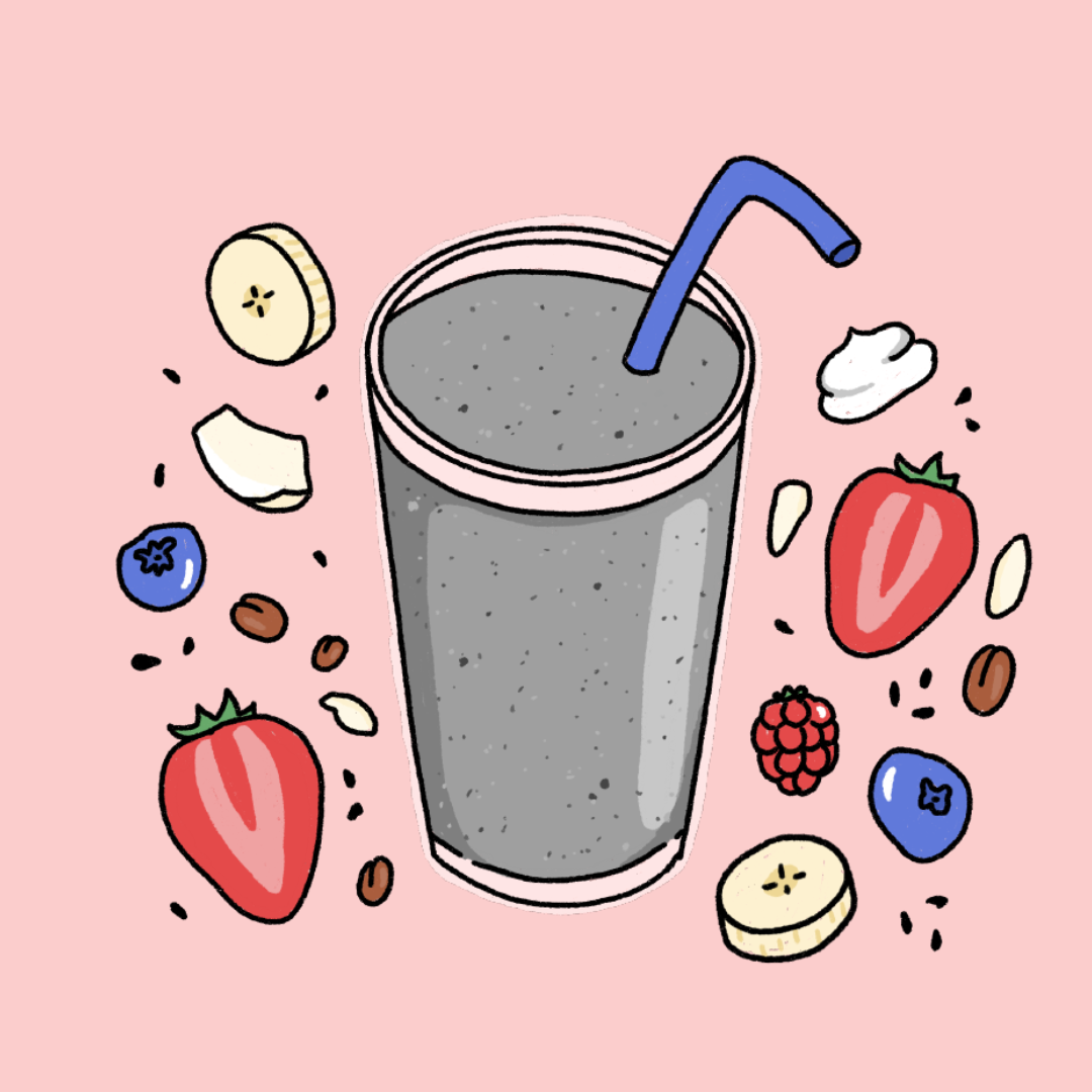 Illustration of black sesame smoothie surrounded by different toppings or additions, drawn by Tina Zhou.