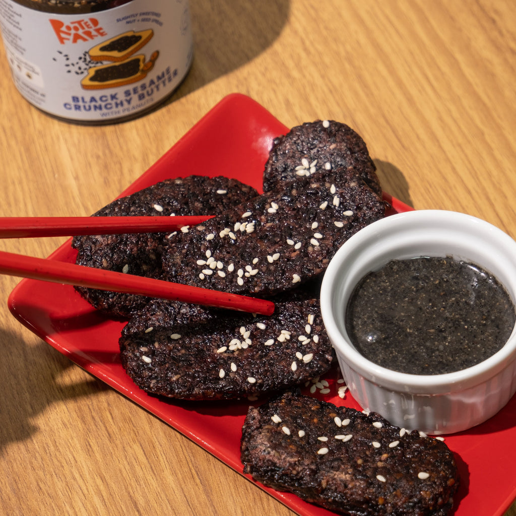 a fried sticky rice appetizer paired with Rooted Fare’s Black Sesame as a dip