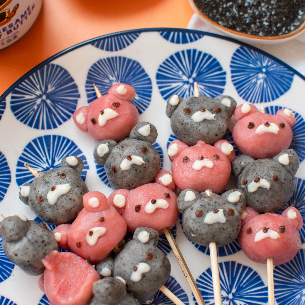 Strawberry and black sesame dango bears made of glutinous rice flour