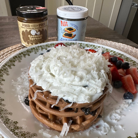 Ube Mochi Waffles with Black Sesame and Coco Jam