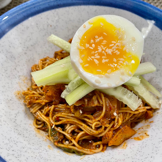 Black Sesame Bibim Guksu with Crunchy Cucumber and Kimchi